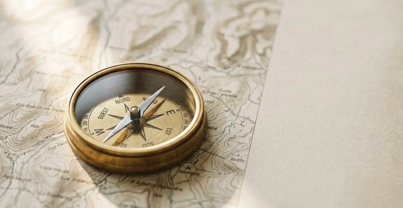 Boussole dorée posée sur une carte topographique, éclairée par une lumière naturelle douce