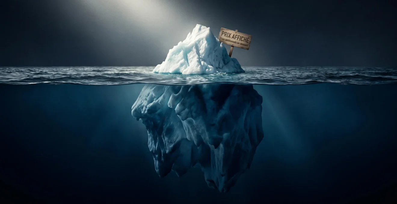 Vue en coupe d'un iceberg montrant la partie émergée blanche et la masse immergée bleue, symbolisant les coûts cachés