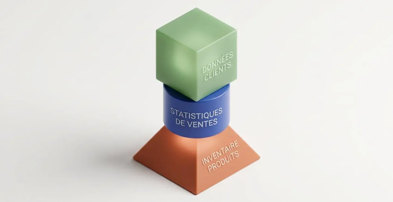 Trois blocs géométriques colorés empilés en équilibre, symbolisant les catégories de données pour une simulation fiable